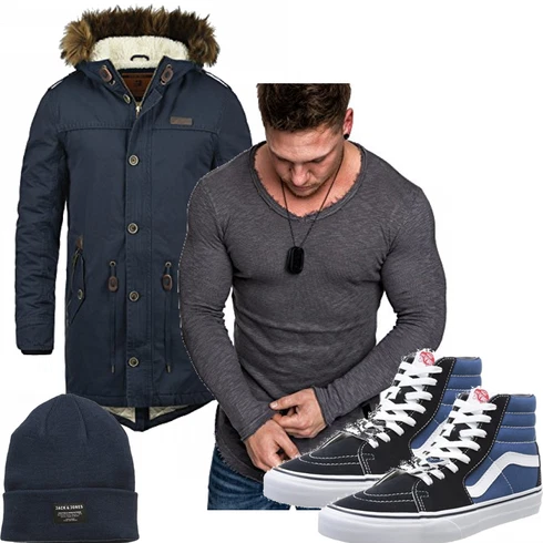 Blau Winter Parka Indicode Jeans kombinieren