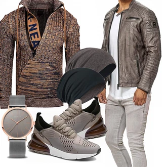 Echtleder Outfit mit Grau/Khaki/Braun/DunkelBraun Jacke mit Seitlichem Reißverschluss/Leder Bomberjacke/Motorradjacke/Vintage Lederjacke/Bikerjacke/KunstLederjacke Redbridge "Praktischer Look"