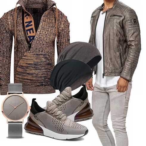 Grau/Khaki/Braun/Dunkelbraun Jacke mit Seitlichem Reißverschluss/Leder Bomberjacke/Motorradjacke/Vintage Lederjacke/Bikerjacke/KunstLederjacke Redbridge kombinieren