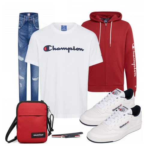 Rot Sweatmode Champion Authentic Athletic Apparel kombinieren mit Blau Accessoire Gürtel Tommy Hilfiger