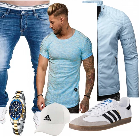 Blau T-Shirt OneRedox kombinieren mit Grau Trachtenmode Adidas