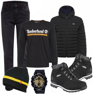 Outfit mit Schwarz/Weiß Stiefel Timberland "Praktischer Look"