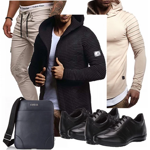 Schick Khaki/Beige Wickel Pullover/Strick Hoodie/Sport Sweatshirt/Pullover mit Stehkragen/Ausgefallener Hoodie/Sport Hoodie/Kapuzenpullover Leif Nelson kombinierenLook: Leger, Schick, Moderne, Goa, Coole, Empire, Outdoor, Schön, Techno