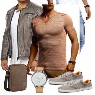 Outfit mit Grau/Khaki/Braun/Dunkelbraun Jacke mit Seitlichem Reißverschluss/Leder Bomberjacke/Motorradjacke/Vintage Lederjacke/Bikerjacke/KunstLederjacke Redbridge "Praktischer Look"