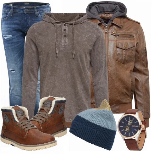 Jeans Jack & Jones kombinieren mit Braun Lederjacke Indicode Jeans