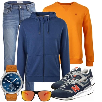 Outfit mit Blau/Schwarz Sneaker/Leder Sneaker New Balance "Praktischer Look"