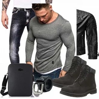 Outfit mit Schwarz/Grau/Dunkelrot Jacke mit Seitlichem Reißverschluss/Motorradjacke/KunstLederjacke/Bikerjacke Redbridge "Red Bridge"