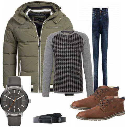 Grau Winterjacke Indicode Jeans kombinieren mit Schwarz Gürtel Tommy Jeans