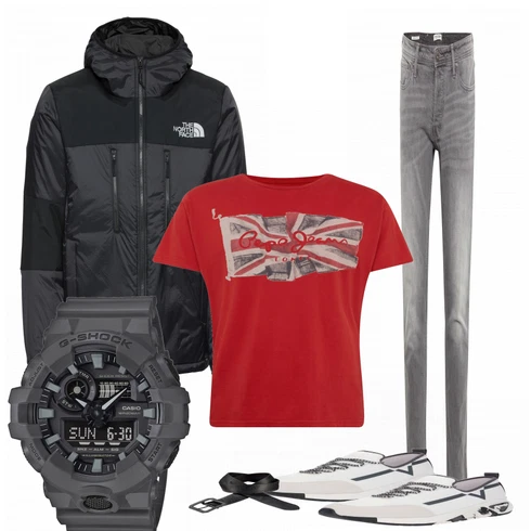 Grau Uhr Casio kombinieren mit Sommerjacke The North Face