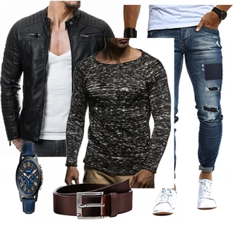 Echtleder Outfit mit Schwarz Jacke mit Seitlichem Reißverschluss/Motorradjacke/KunstLederjacke/Bikerjacke Redbridge "Scheckes Outfit Lederjacke"