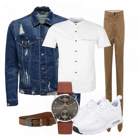 Weiß Schuh Sneaker Nike kombinieren mit Beige Hose Jack & Jones