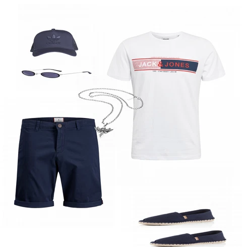 Blau Sommer Schuh Espadrij L´originale kombinieren mit Schwarz Hemd Jack & Jones