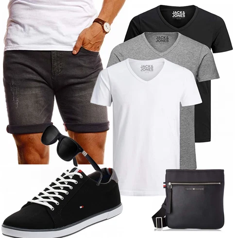 Jeans Schwarz/DunkelGrau/Grau Hemd Jeans Short/Bermuda/Kurze Hose/Chino Shorts/Musselin Shorts Leif Nelson kombinieren