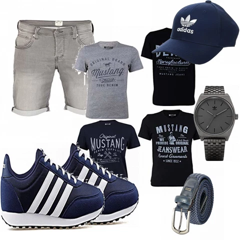 Schwarz T-Shirt Mustang kombinieren mit Blau Trachtenmode/Hut Adidas
