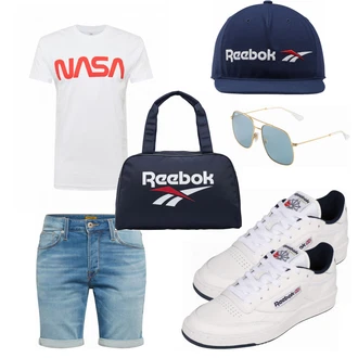 Outfit mit Grau Sneaker Reebok Classic, Blau Tasche Reebok Classic, Blau Hut Reebok Classic "Sommer Style"