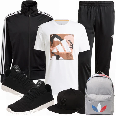 Schwarz Hose Große Größe Adidas Originals kombinieren mit Grau Rucksack Adidas Originals