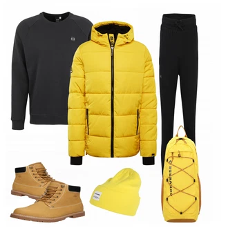 Outfit mit Gelb Superdry, Gelb Accessoire Converse, Gelb Hut Jack & Jones "Sportliche Winterjacken fuer Herren"