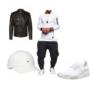 Outfit mit Schwarz Lederjacke Freaky Nation "stayfokus"