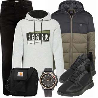 Outfit mit Grau/Schwarz Winterjacke Urban Classics "Street Style Outfit"