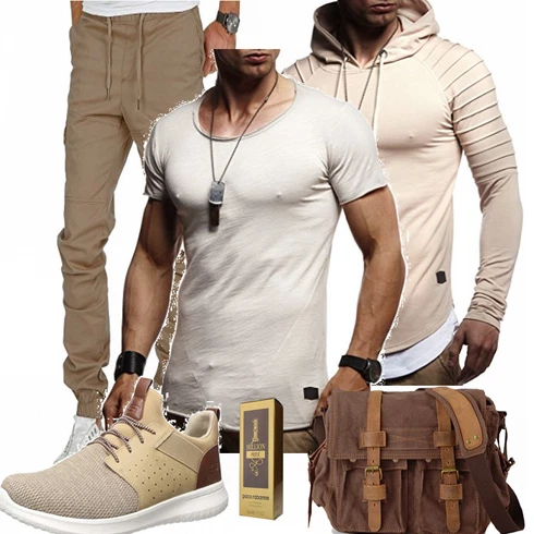 Schick Khaki/Beige Wickel Pullover/Strick Hoodie/Sport Sweatshirt/Pullover mit Stehkragen/Ausgefallener Hoodie/Sport Hoodie/Kapuzenpullover Leif Nelson kombinierenLook: Leger, Schick, Moderne, Goa, Coole, Empire, Outdoor, Schön, Techno
