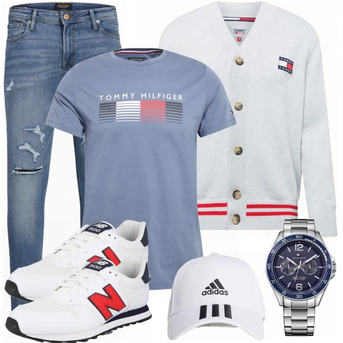 Weiß/Blau Hose Jack & Jones kombinieren mit Grau Schuh Sneaker New Balance