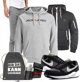 Outfit mit Blau/Grau Sportrucksack Shirtracer "Street Style Outfit"