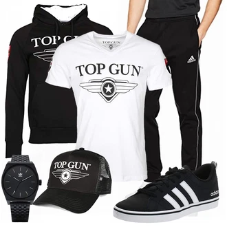 Outfit mit Blau Top Gun, Grau Overall Top Gun, Blau Top Gun "Street Style Outfit"