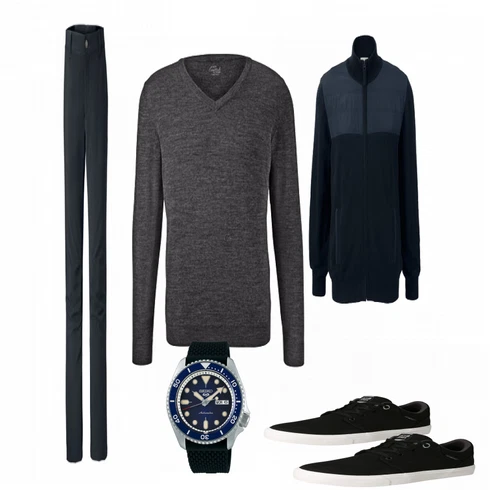 Mischfarben Strickjacke Tchibo, Blau Strickjacke Tchibo kombinieren mit Schwarz Uhr Seiko