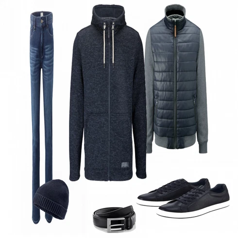 Blau/Grau Sweatshirt Tchibo kombinieren mit Schwarz Gürtel Tchibo