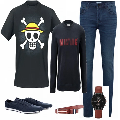 Blau Sweatshirt Tchibo kombinieren mit Gürtel Marc O'Polo