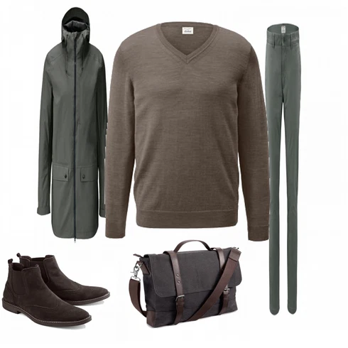 Grau Strickjacke Tchibo kombinieren mit Grün Hose Tchibo