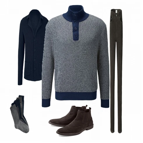 Grau Strickjacke Tchibo kombinieren mit Braun Hose Tchibo