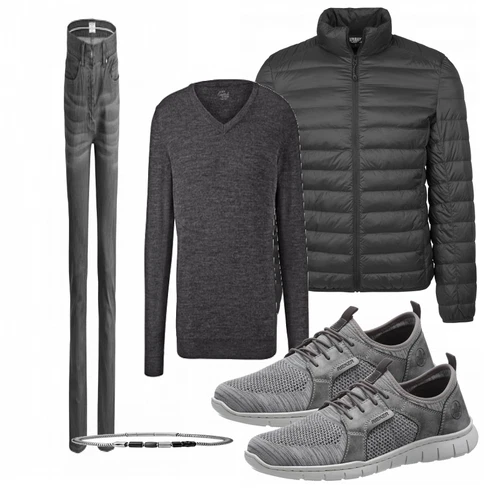 Blau Strickjacke Tchibo kombinieren mit Grau Hose Tchibo