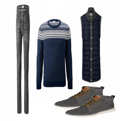 Blau Strickjacke Tchibo kombinieren mit Grau Hose Tchibo