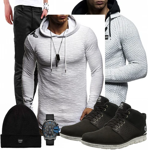 Schick Grau/Weiß Hoodie/Unisex Hoodie/Sport Sweatshirt/Strick Hoodie/Ausgefallener Hoodie/Sport Hoodie/Kapuzenpullover Leif Nelson kombinierenLook: Schick, Moderne, Leger, Goa, Coole, Empire, Schön