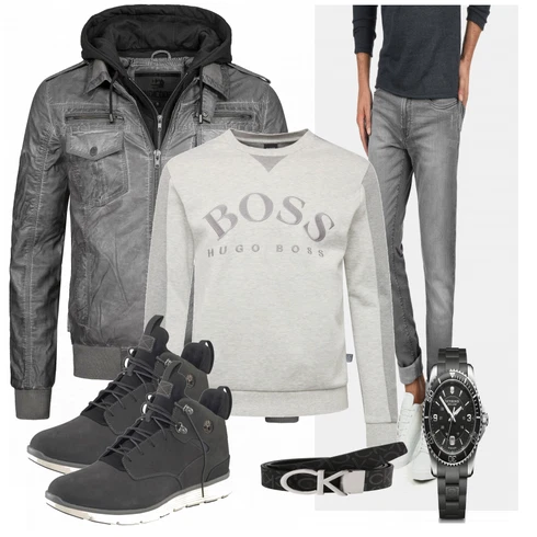 Grau/Weiß Jeans Indicode Jeans kombinieren mit Grau Lederjacke Indicode Jeans