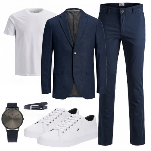Schwarz Hose Jack & Jones kombinieren mit Grau/Weiß Schuh Sneaker/Leder Sneaker Tommy Hilfiger