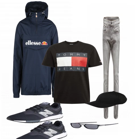 Grau Sonnenbrille Oakley kombinieren mit Schwarz Sommerjacke Ellesse