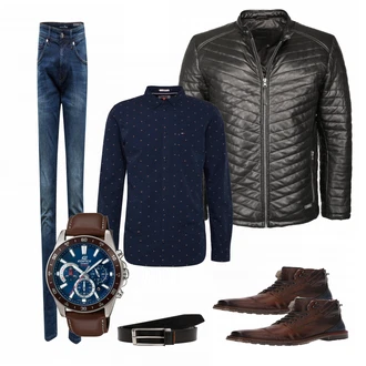 Outfit mit Schwarz/Grau Lederjacke Mustang "Tommy"