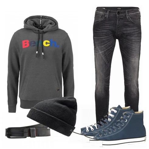 Schwarz Hose Jack & Jones kombinieren mit Blau Sommer Schuh Converse