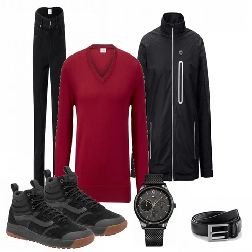 Lila Strickjacke Tchibo kombinieren mit Grau Hose Tchibo
