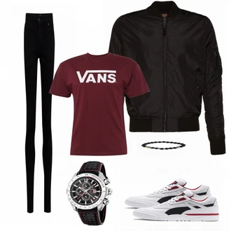 Outfit mit Rot Sneaker Puma "Vans"