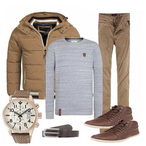 Braun Winterjacke Indicode Jeans kombinieren mit Grau Gürtel Jack & Jones