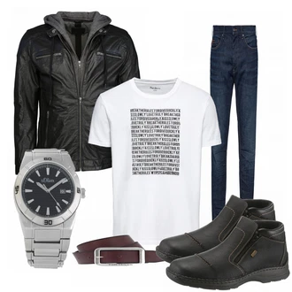 Outfit mit Schwarz Lederjacke Mustang "Walloftext"