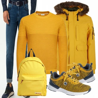 Outfit mit Braun/Gelb Sneaker Rieker "Winter Outfit"