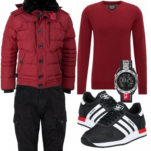 Lila/Rot Strickjacke Petrol Industries kombinieren mit Schwarz Uhr Diesel