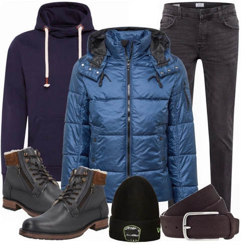 Schwarz/Blau Winterjacke Tom Tailor kombinieren mit Schwarz Gürtel Vanzetti
