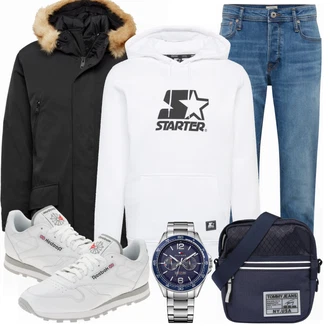 Outfit mit Grau/Weiß Sneaker/Leder Sneaker Reebok Classic "Winter Outfit"
