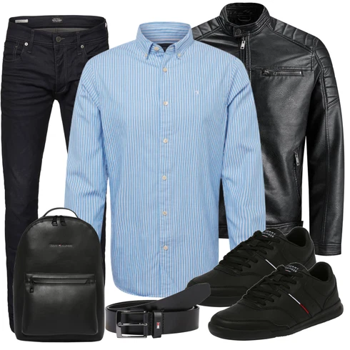 Schwarz Lederjacke Jack & Jones kombinieren mit Blau Casual Hemd SCOTCH & SODA