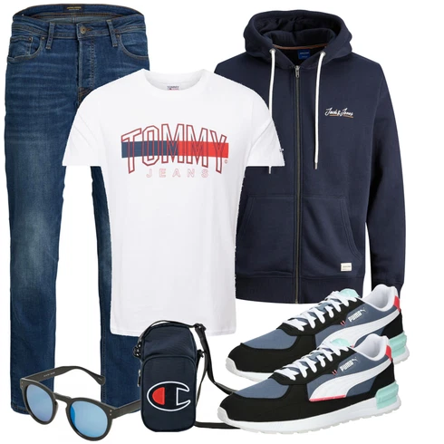 Weiß T-Shirt Tommy Jeans kombinieren mit Schwarz Hoodie Jack & Jones